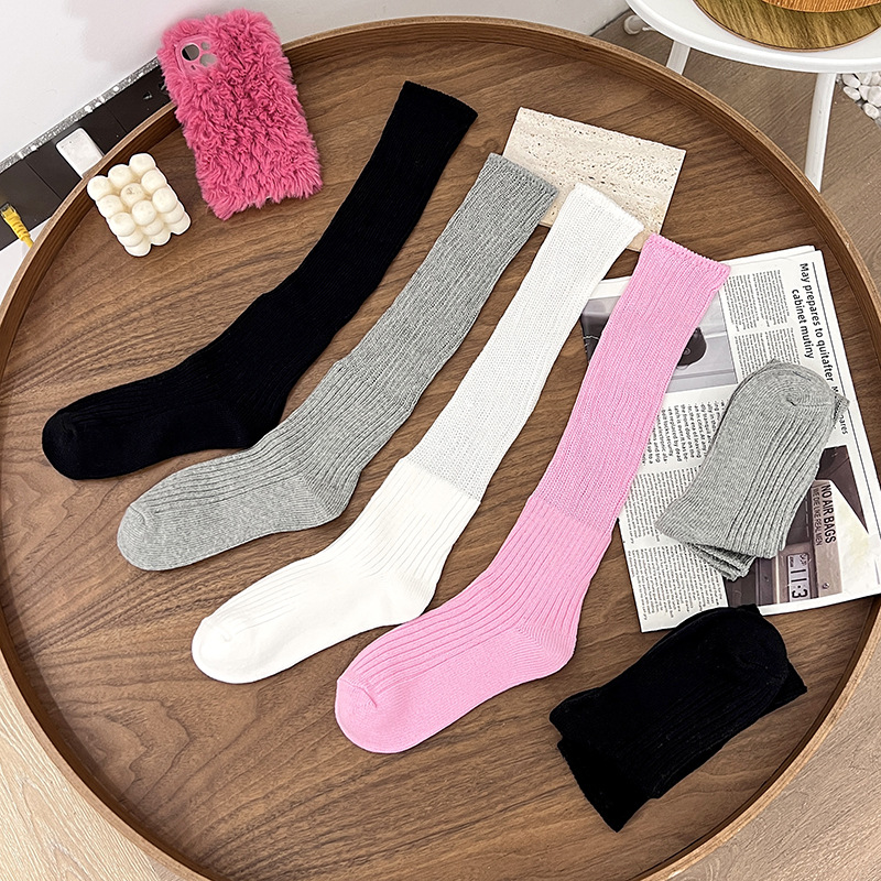 秋冬新款纯色及膝袜小腿袜日系JK加厚甜美双针堆堆袜子长筒诸暨袜