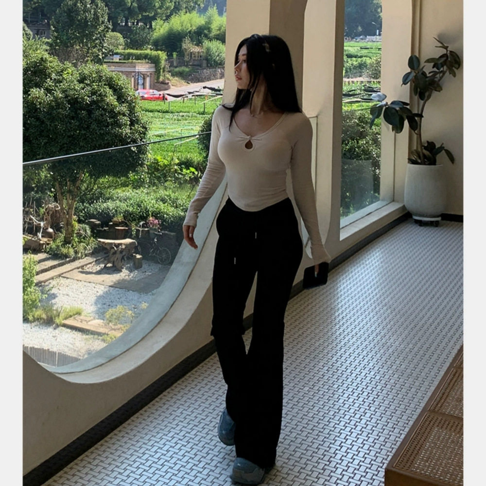 中式盘扣气质瑜伽服女镂空T恤健身服外穿紧身运动长袖上衣带胸垫