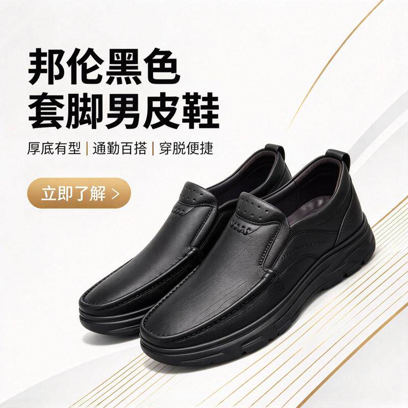 邦伦中年男一脚蹬厚底舒适皮鞋