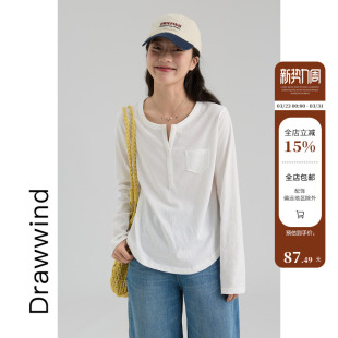 T恤女宽松纯色剪刀领慵懒感上衣 雪花棉长袖 画风drawwind春季 新款