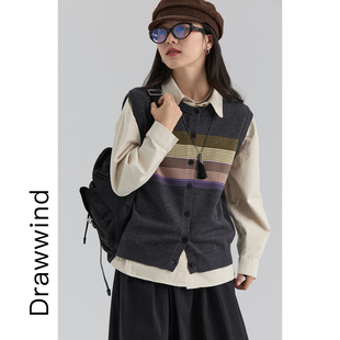 画风drawwind秋冬季针织开衫马甲女2026新款撞色条纹韩版内搭背心