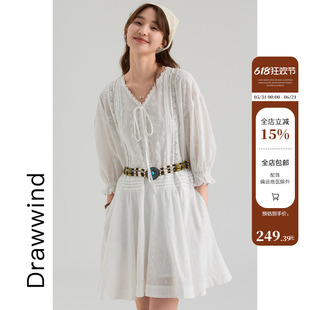 画风drawwind法式V领重工刺绣连衣裙女夏宽松收腰全棉A字中长裙子