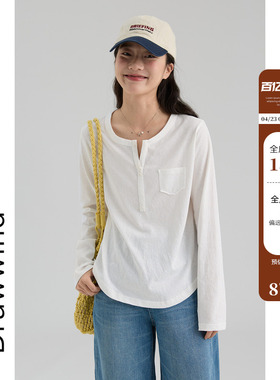 画风drawwind春季新款雪花棉长袖T恤女宽松纯色剪刀领慵懒感上衣