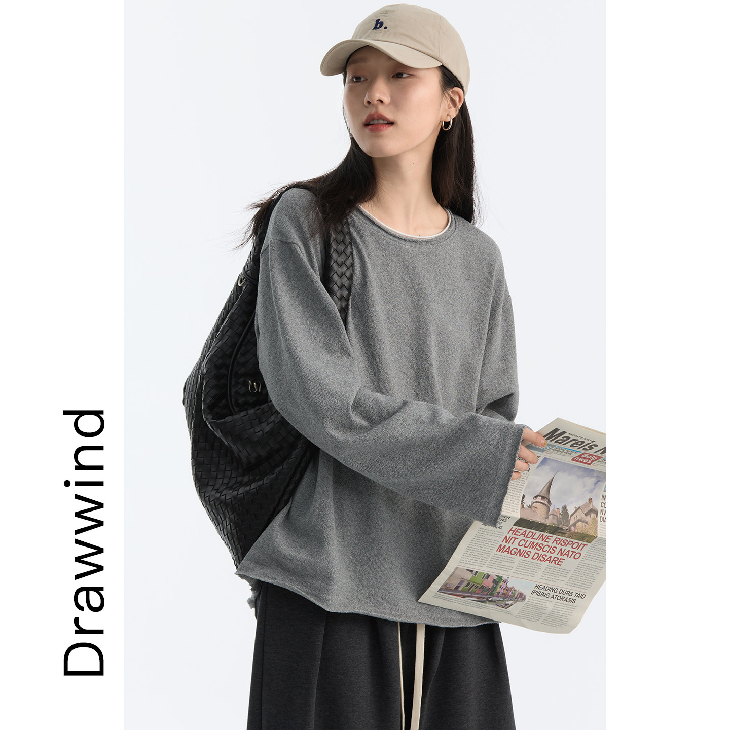画风drawwind秋季圆领卫衣女宽松慵懒风肌理感毛边假两件长袖上衣