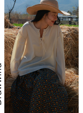 23-2/24 10:00 95折画风春季新款麻感棉花边拼接v领韩系长袖衬衫