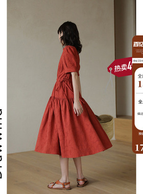 画风drawwind短袖V领连衣裙女夏2024新款显瘦复古泡泡袖收腰裙子