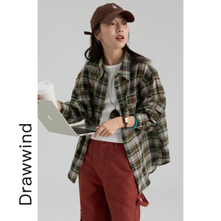 画风drawwind春季长袖衬衫女韩版宽松小个子休闲格子衬衣2026新款