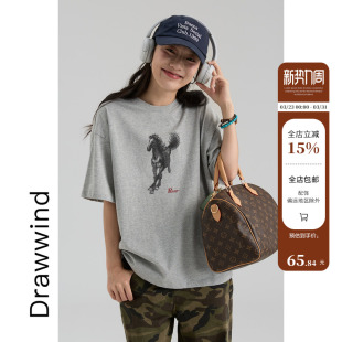 T恤女宽松纯棉奔腾小马印花圆领上衣 短袖 画风drawwind春夏季 新款