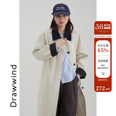 画风drawwind纯棉翻领撞色风衣外套女春秋2026新款 宽松上衣中长款
