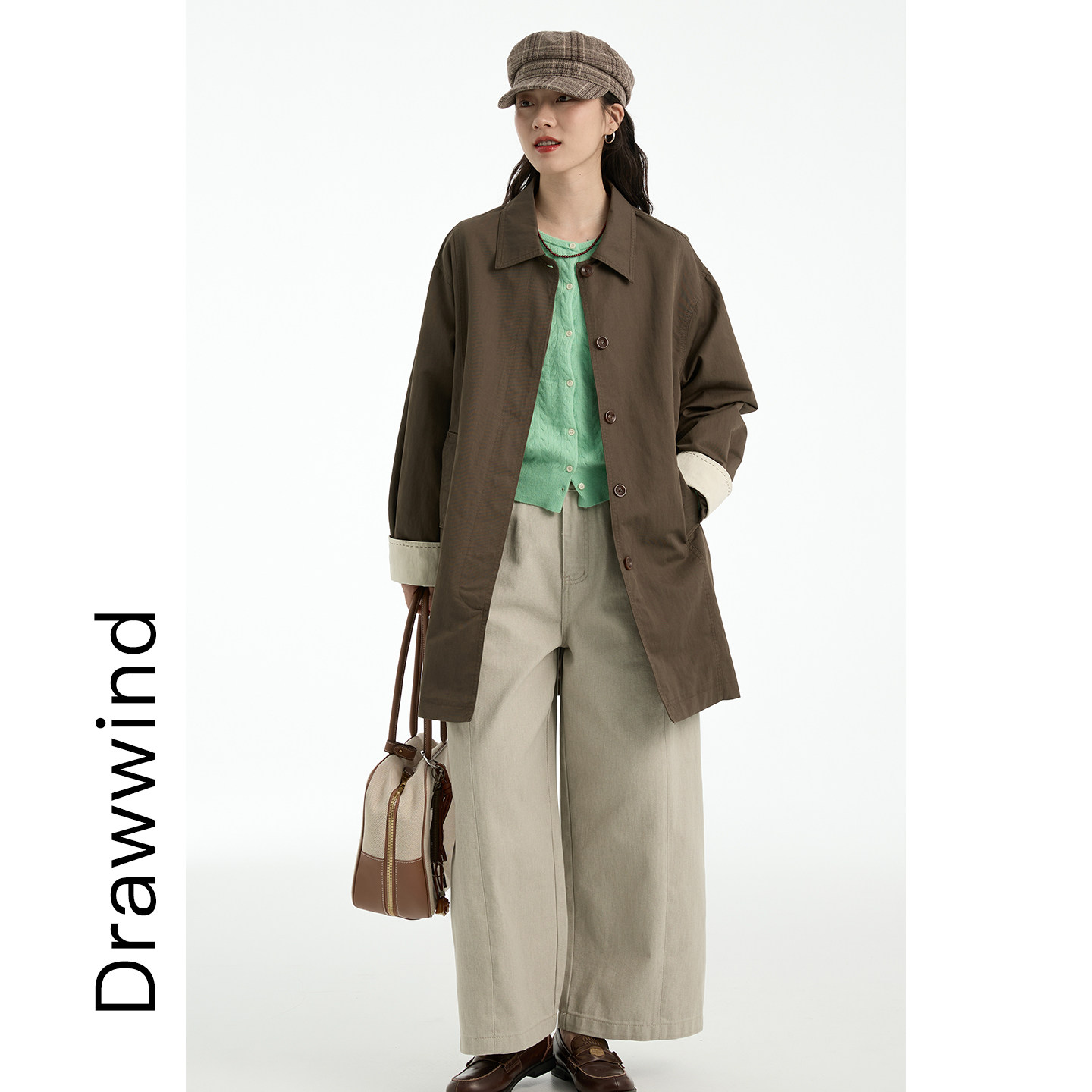 画风drawwind秋季新款翻领风衣女宽松袖口撞色中长款廓形休闲外套