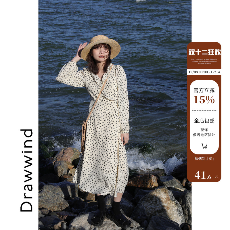 画风drawwind连衣裙聚酯纤维碎花