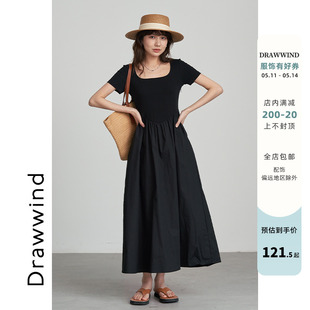 长裙 画风drawwind2024新款 黑色连衣裙女夏方领收腰小个子气质短袖