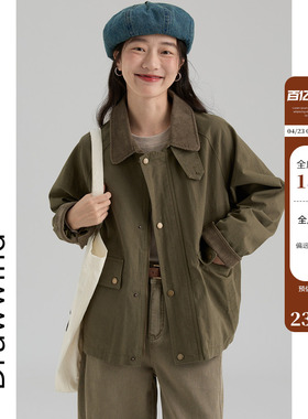 画风drawwind2026春季新款翻领工装外套女宽松纯棉复古拼接领夹克