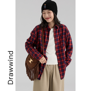 画风drawwind2026春季新款撞色格纹衬衣女宽松通勤风休闲衬衫外套
