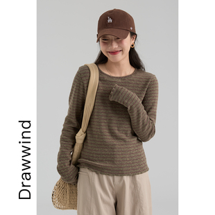 长袖 T恤女撞色条纹波浪边内搭打底上衣 新款 画风drawwind2026春季