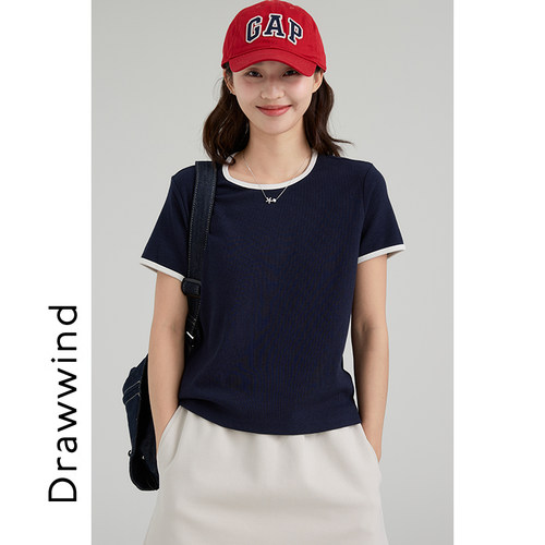 画风drawwind撞色领短袖T恤女