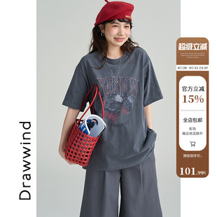 画风drawwind圆领短袖 休闲纯棉做旧正肩上衣 T恤女2025新款 夏季