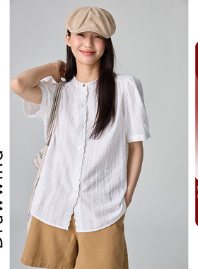 画风drawwind白色短袖宽松衬衫女夏季2026新款慵懒风刺绣立领上衣
