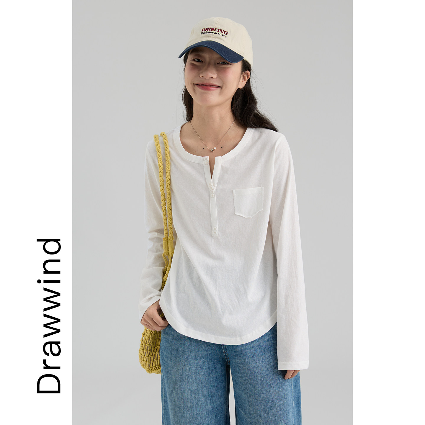 画风drawwind秋季新款雪花棉长袖T恤女宽松纯色剪刀领慵懒感上衣
