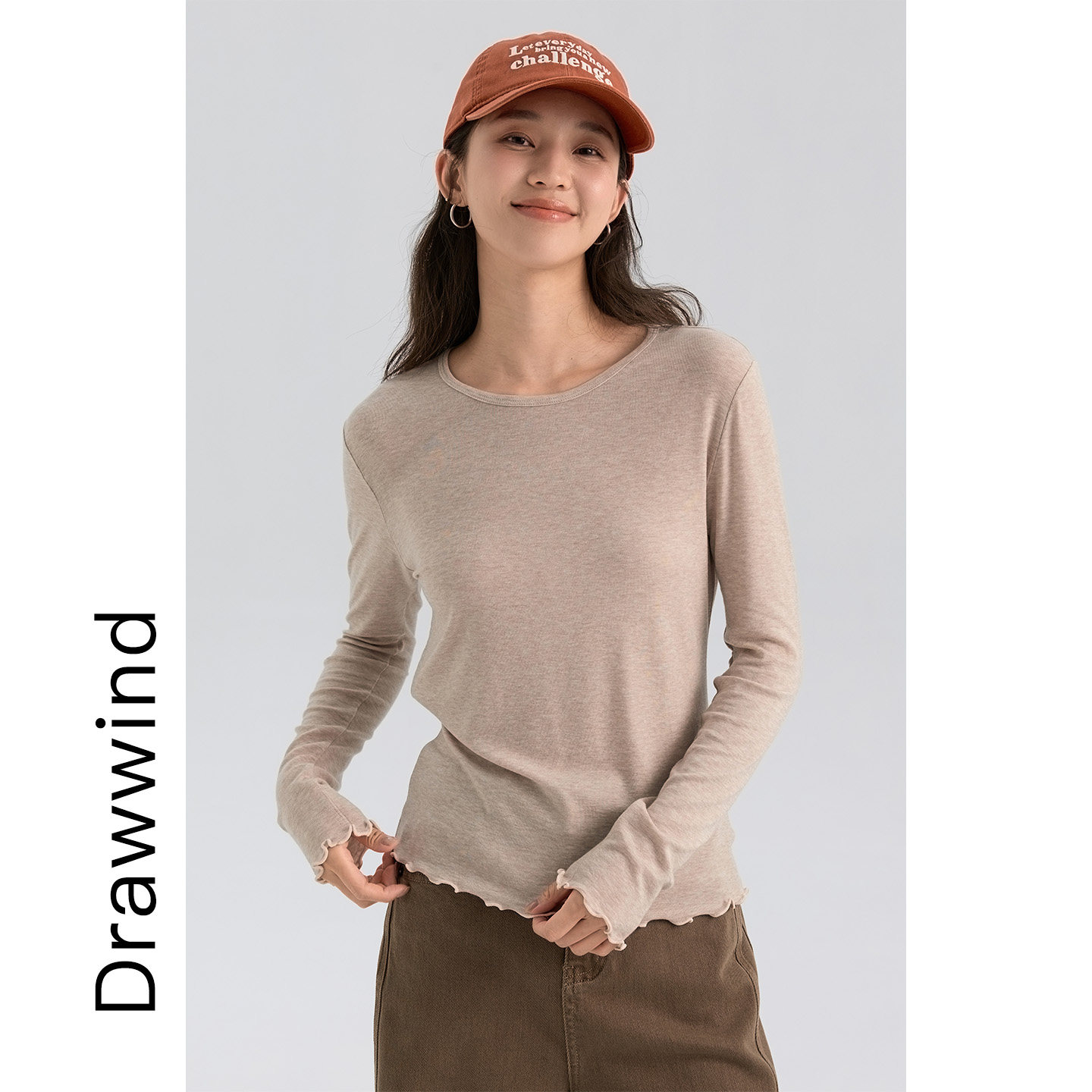 画风drawwind秋季木耳边长袖T恤女宽松大圆领天丝羊毛正肩打底衫