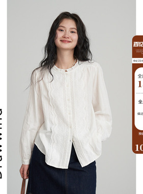 画风drawwind2026春秋新款长袖衬衫女宽松提花面料贴花边圆领上衣