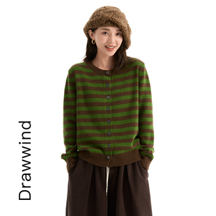 画风drawwind秋冬季新款粗线条纹毛衣外套女宽松圆领羊毛针织开衫