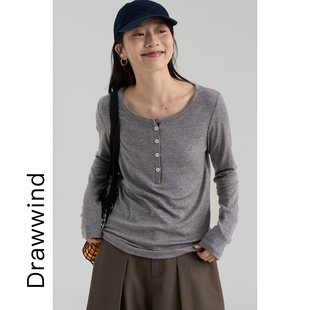 画风drawwind2026春季 撞色Y字领长袖 T恤女天丝羊毛混纺打底衫 新款