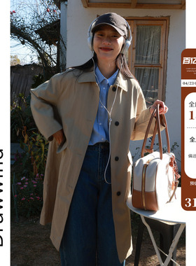 画风drawwind2026春季新款风衣女韩版宽松全棉长款单排扣翻领外套