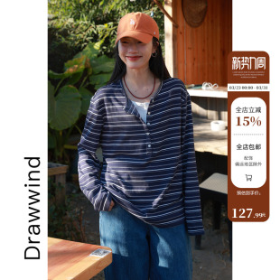 T恤女宽松韩式 长袖 条纹假两件打底上衣 新款 画风drawwind2026春季