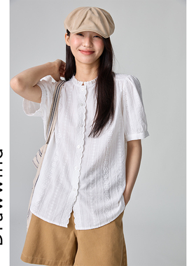 画风drawwind白色短袖宽松衬衫女夏季2026新款慵懒风刺绣立领上衣