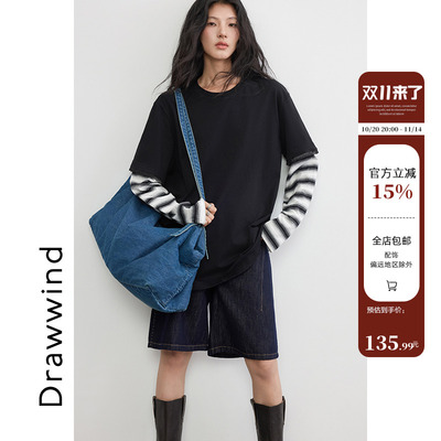 画风假两件条纹长袖T恤女