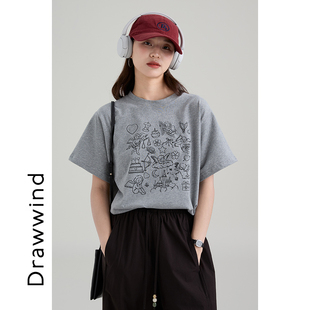 画风drawwind圆领短袖T恤女2025新款夏季纯棉休闲宽松正肩上衣夏