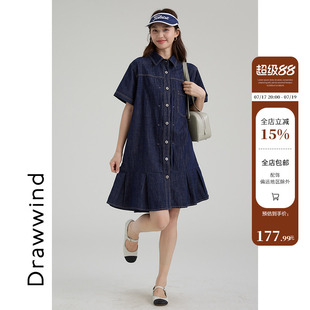 画风drawwind复古麻棉牛仔连衣裙女2025新款夏季休闲POLO领长裙夏
