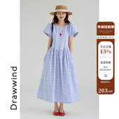 画风drawwind格子小飞袖 长裙夏 纯棉气质短袖 连衣裙女2026新款 夏季