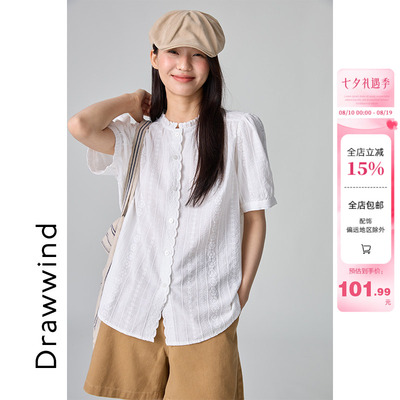画风drawwind白色短袖宽松衬衫女夏季2026新款慵懒风刺绣立领上衣
