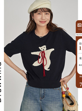 画风drawwind2026新款短袖针织衫T恤女夏小熊蝴蝶结短款圆领上衣