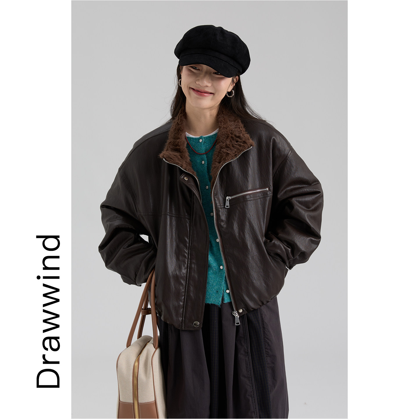 画风drawwind2026冬季新款加绒保暖皮衣夹克女纯色通勤风短款外套