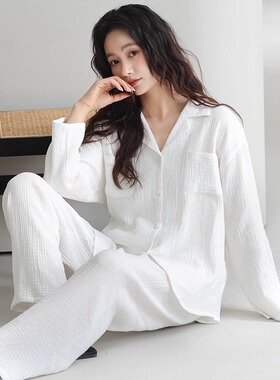 婴儿棉双层纱布纯棉睡衣女春秋长袖2025新款薄款可外穿白色家居服