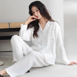 婴儿棉双层纱布纯棉睡衣女春秋长袖 可外穿白色家居服 2025新款 薄款