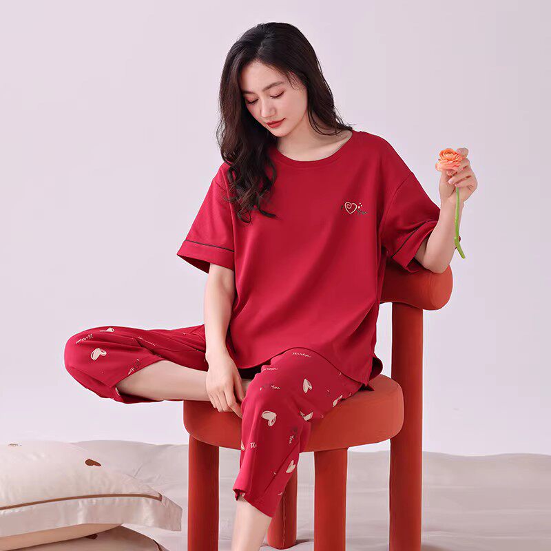 带胸垫睡衣女款夏季七分裤纯棉短袖薄款大码本命年红色家居服套装