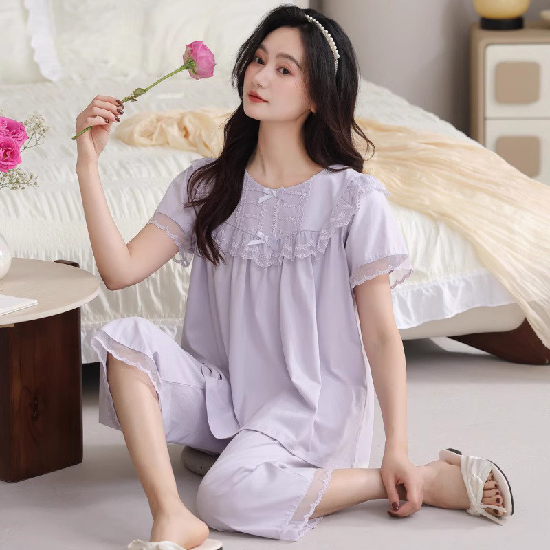 睡衣女夏季纯棉短袖七分裤薄款2睡衣/家居服套装