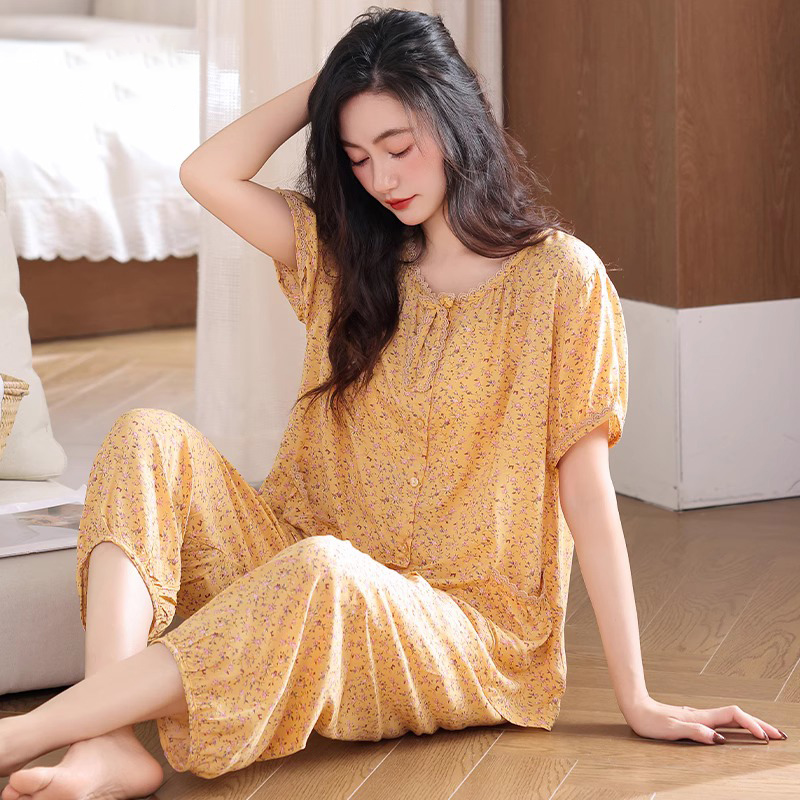 睡衣女夏季梭织纯棉短袖长裤薄款妈妈2025新款纱布全棉夏款家居服
