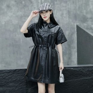 真皮皮衣女中长款2025年秋季新款绵羊皮短袖上衣真皮翻领修身外套