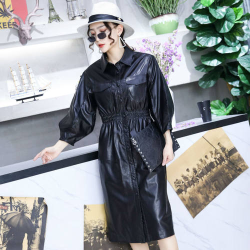 黑色中长款皮衣通勤修身