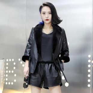 外套女 皮夹克真皮水貂毛领修身 2025秋秋新款 绵羊皮加棉皮衣七分袖