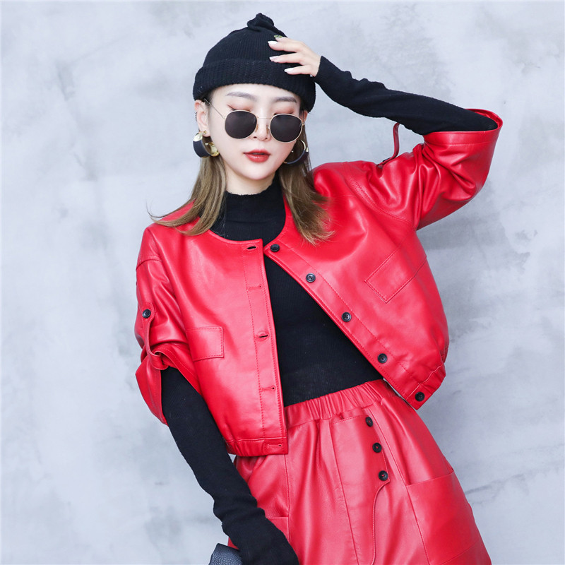 短外套女2025秋季新款真皮韩版红色皮衣绵羊皮圆领上衣五分袖夹克