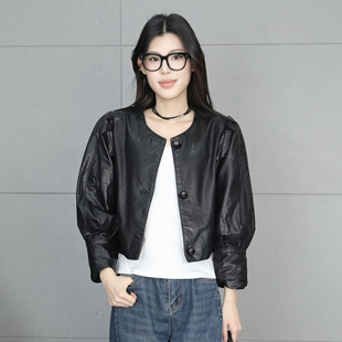 美式复古风短款皮衣女高级感学院风长袖黑色油蜡皮小个子圆领外套