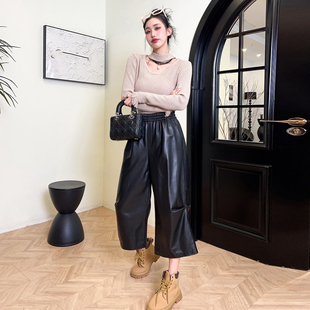 阔腿裤女款2024冬季新款绵羊皮黑色皮裤松紧腰八分裤真皮小个子裤