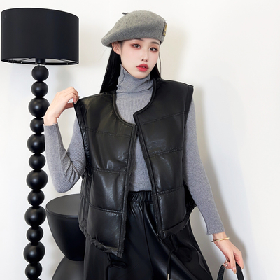 加棉马甲女款2025秋季新款绵羊皮圆领外搭坎肩真皮黑色小个子外套