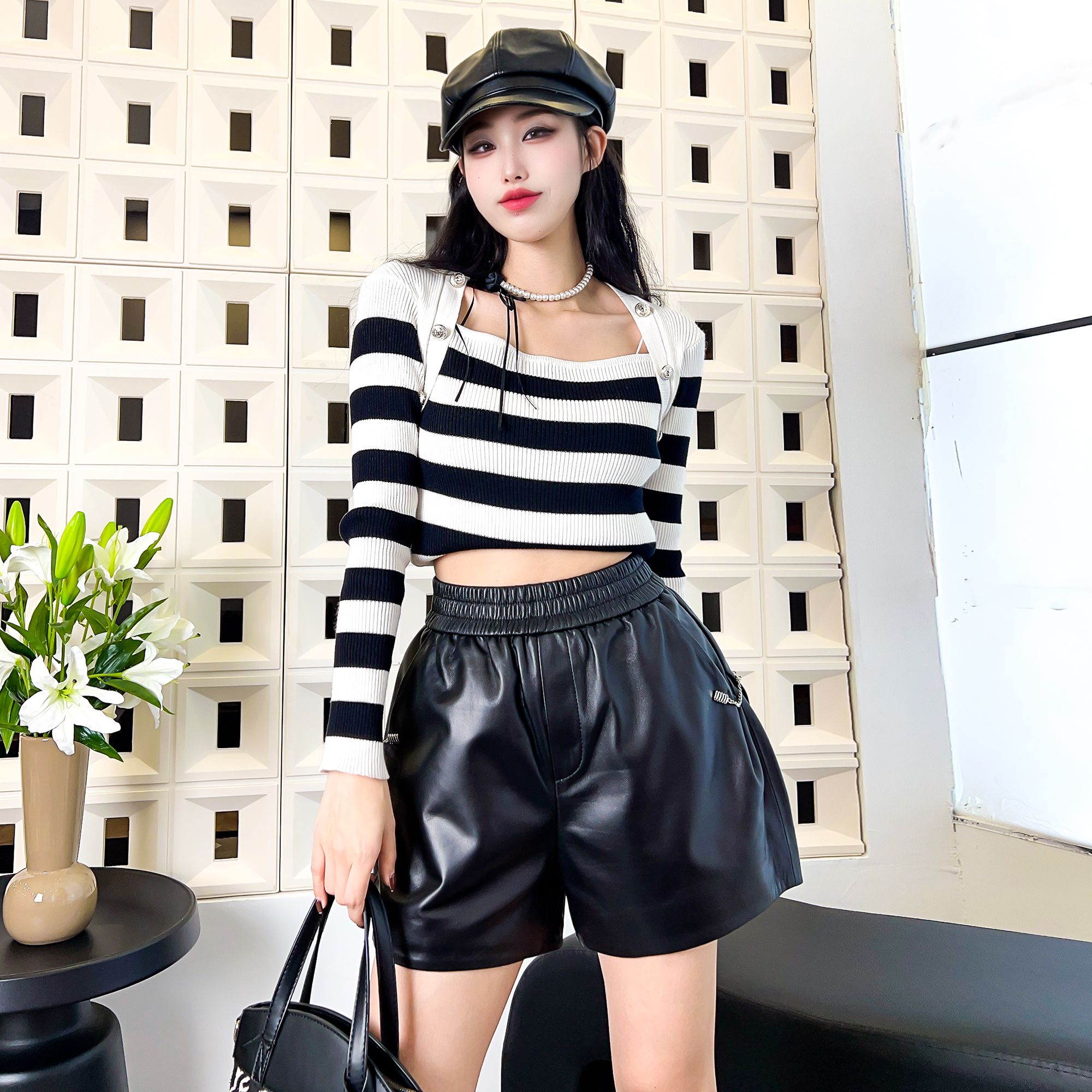 松紧腰通勤短裤黑色阔腿裤